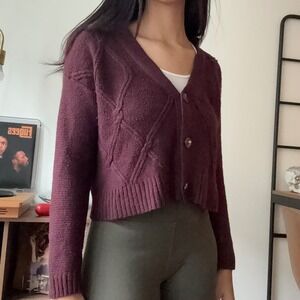 Moral Fiber Burgundy Cable Knit Cropped V Neck Button Cardigan‎ Sweater Women XL